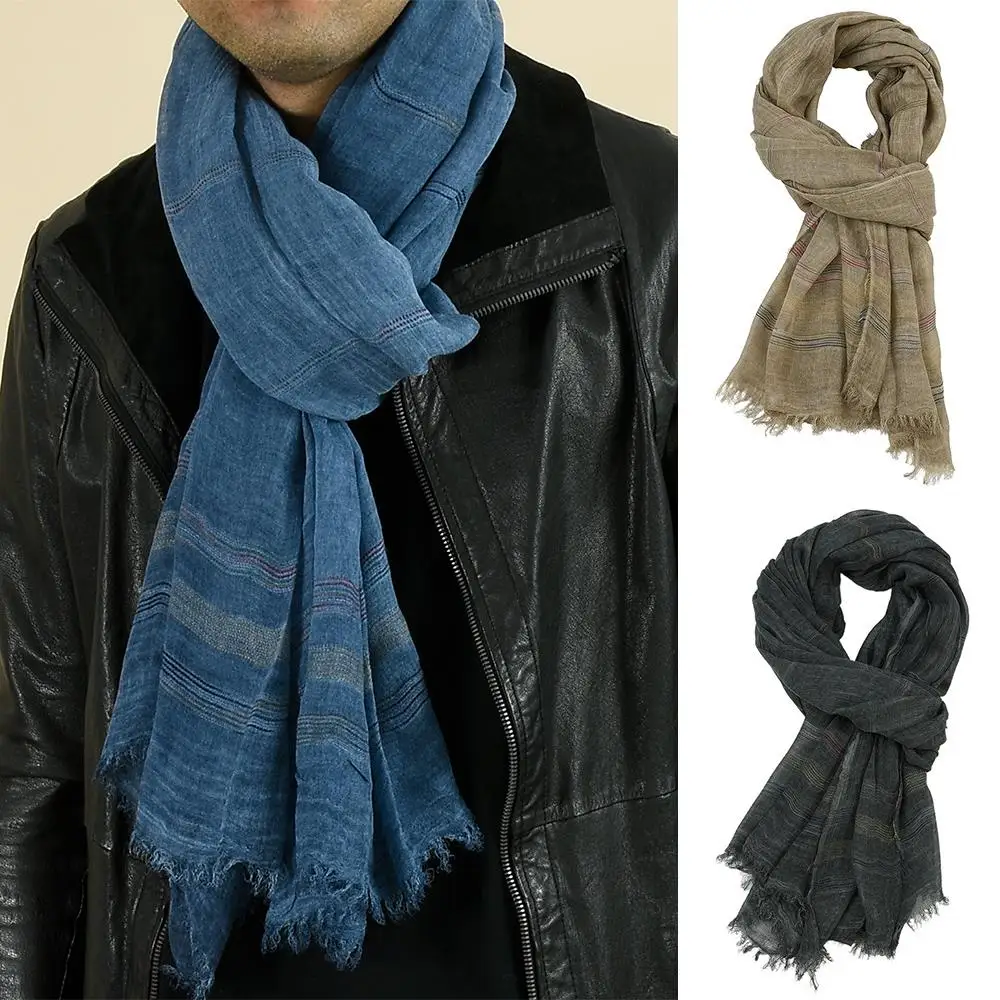 

Men Bandana Scarf Tassel Shawl Cotton Linen Yarn-dyed Striped Scarves Tassel Long Shawl Male Accessories Autumn Winter Scarf