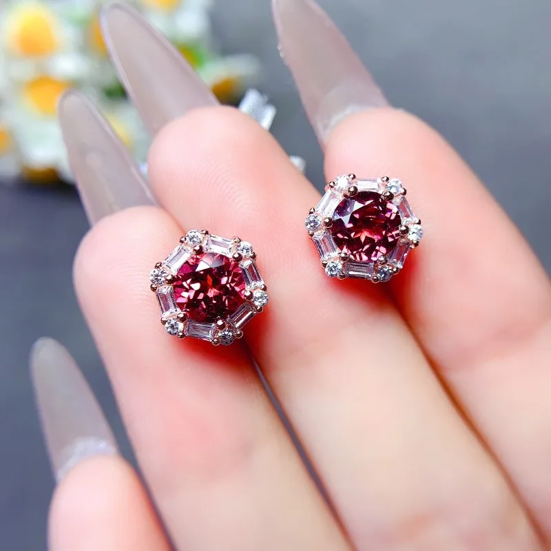 Natural Garnet Stud Earring 100% Real 925 Sterling Silver Jewelry Engagement Wedding Earrings for Women Bridal Gift