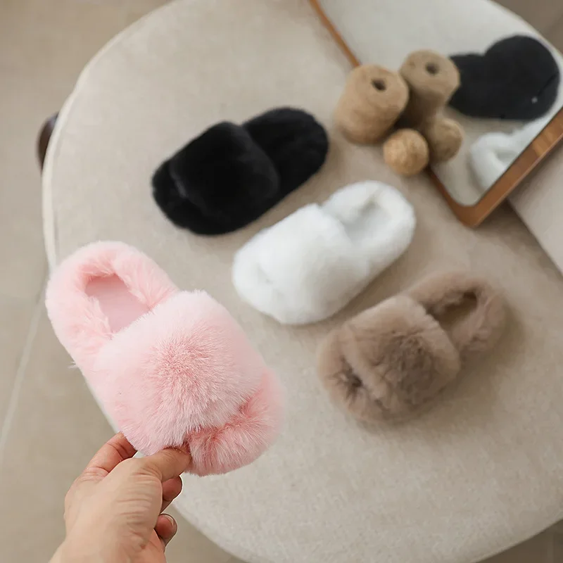 2026 Children's Slippers Girls Open Toe Plush Fur Shoes Kids Soild Warm Indoor Non Slip Rubber BottomMulti-style Cotton Slipper