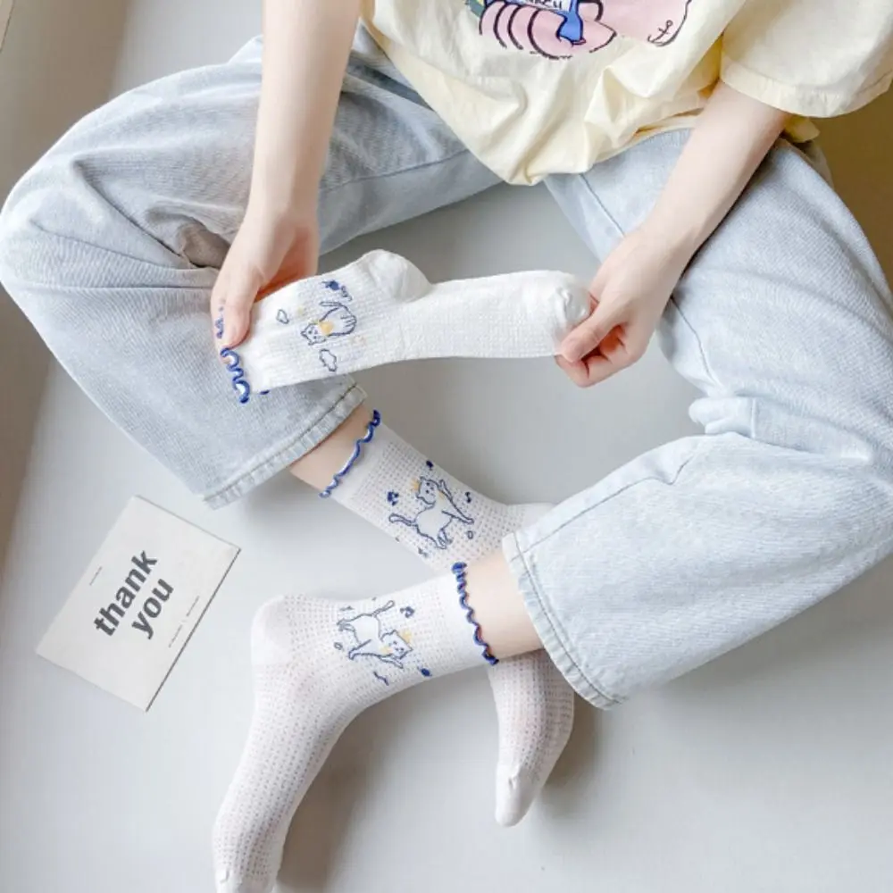 Lovely Student Breathable Harajuku Creative Fashion Short Hosiery Girls Mesh Socks Cotton Socks Cat Pattern