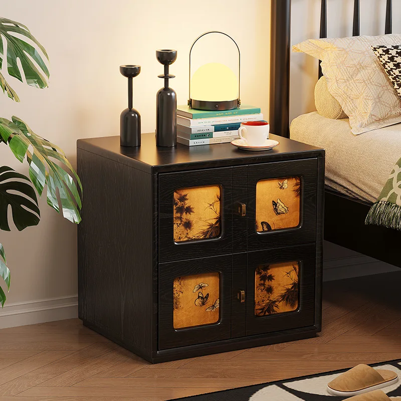 Vintage-style solid wood card door cabinet, vintage floral and bird pattern decorative bedside cabinet, double-drawer storage ca