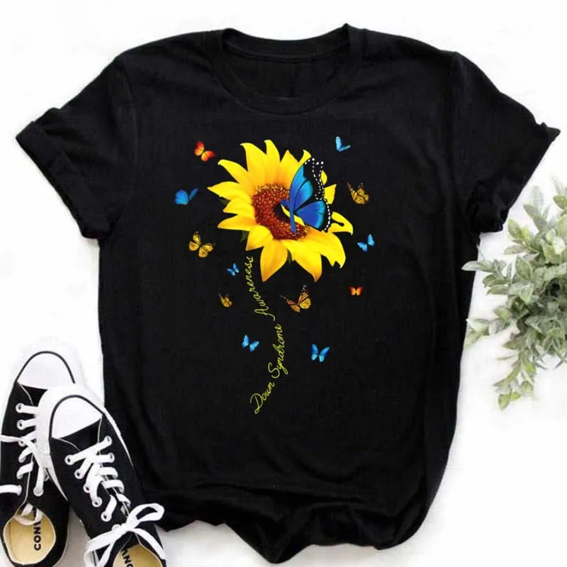 Fashion Butterfly Sunflower Graphic Print Women T-shirt Summer Casual Short Sleeve Female Tops 90s Streetwear Women Clothing