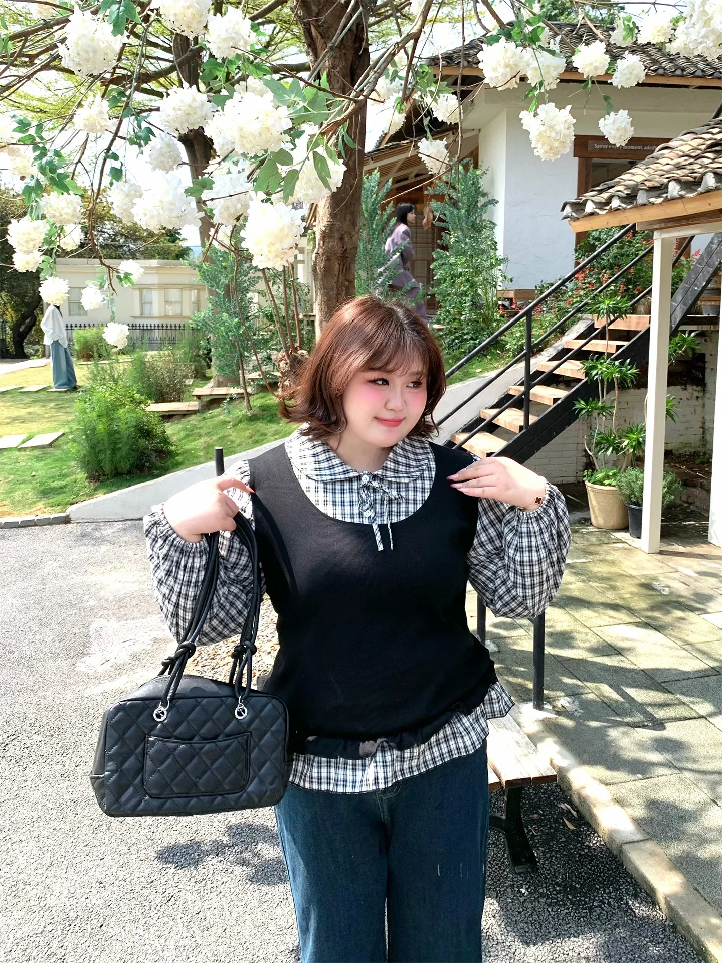 

Casual Sle Plaid irt Women's Large Size Doll Collar Design Sense Fake Two-Piece Vest irt Breathable Cotton Long Sve