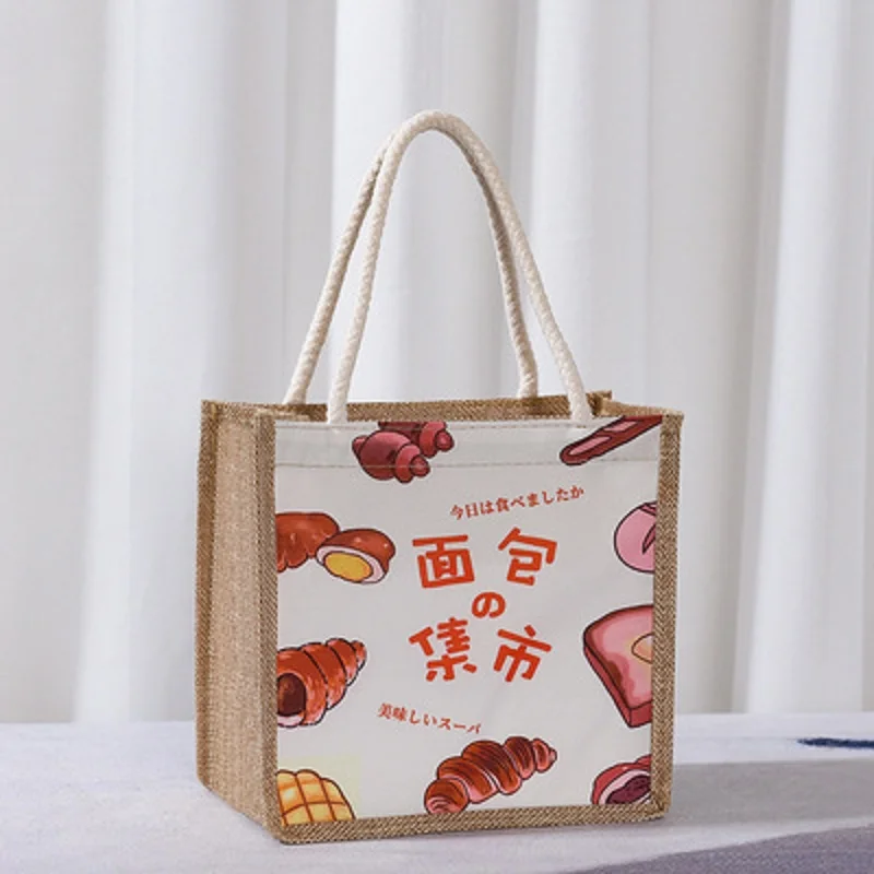 Printed Linen Bag Shopping Bags  Cartoon Handbag Lunch Bag Shopping Bag Portable Travel Dinner Container Bento Bag Tote