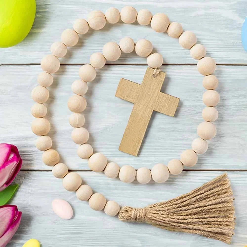 Christmas Party Jesus Cross Wood Bead Garland Farmhouse Rustic Beads with Jute Rope Tassel Natural Wood Beads Christmas Decor