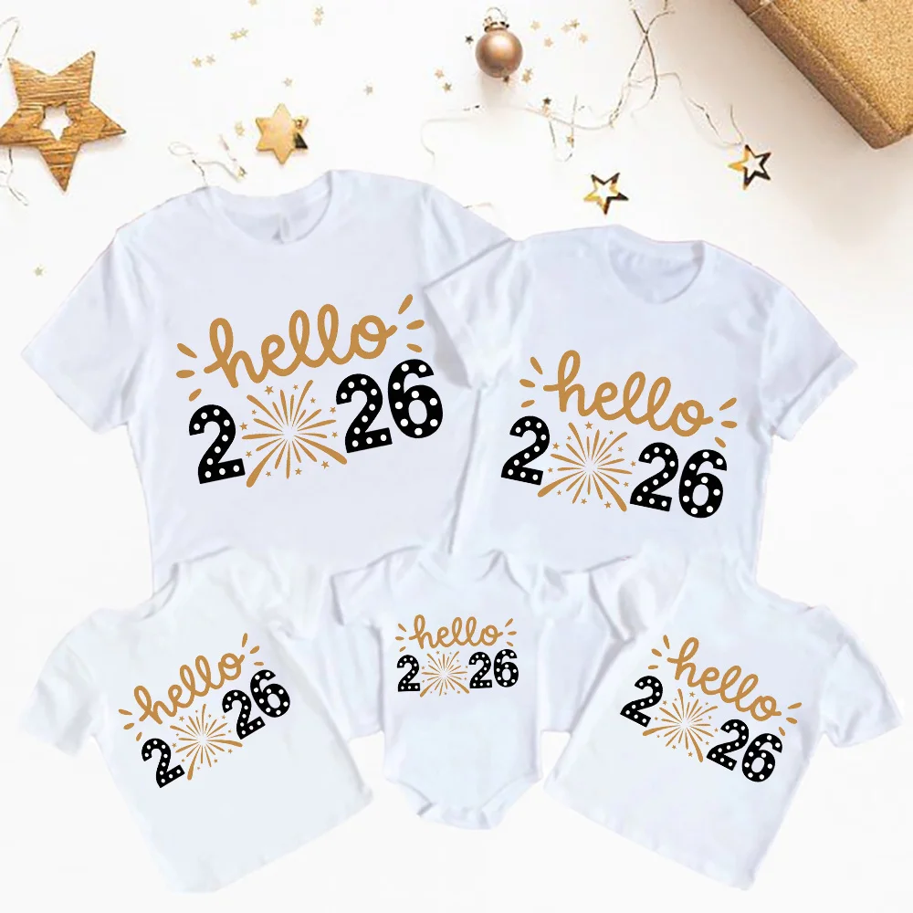 Happy 2026 Print Family Matching Clothes Happy New Year Dad Mom Kids Shirts Tee Baby Bodysuit Family Outfits Holiday Family Tops