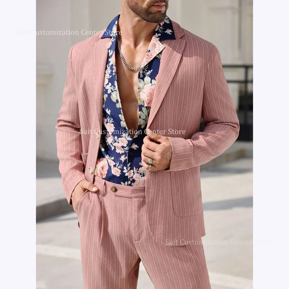 

Casual Striped Suits For Men Fashion Notch Lapel Single Breasted Formal Occasion Street Photo Evening Party 2 Piece Jacket Pants