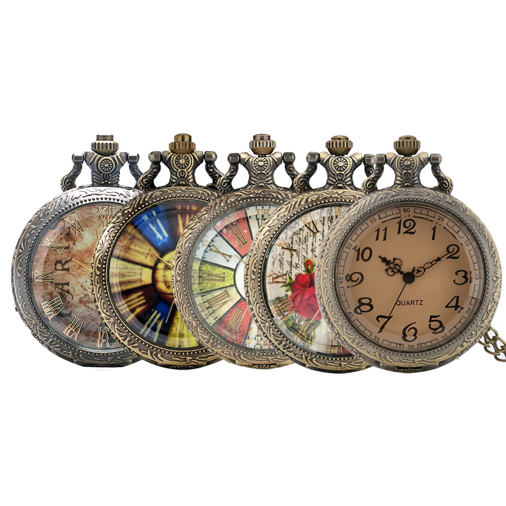 

Vintage Fashion Transparent White/Tea Glass Bronze Quartz Pocket Watch Men Women Retro Necklace Pendant Pocket Clock Gift
