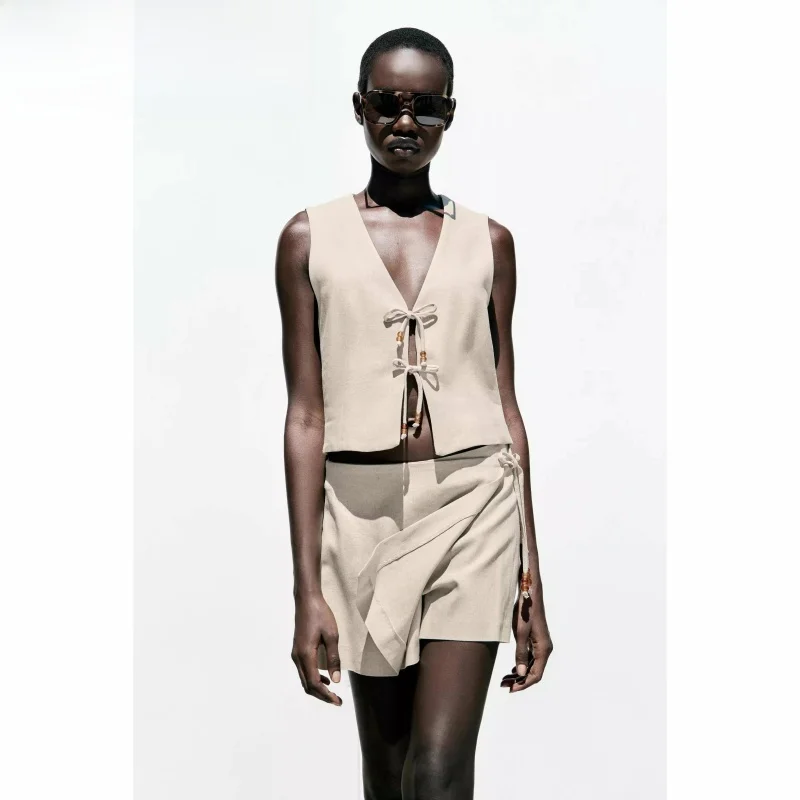 

Summer New Women's Beaded Decoration Linen Blend Vest Tank Top orts Straight Cut Regular Length Belted Pure Color