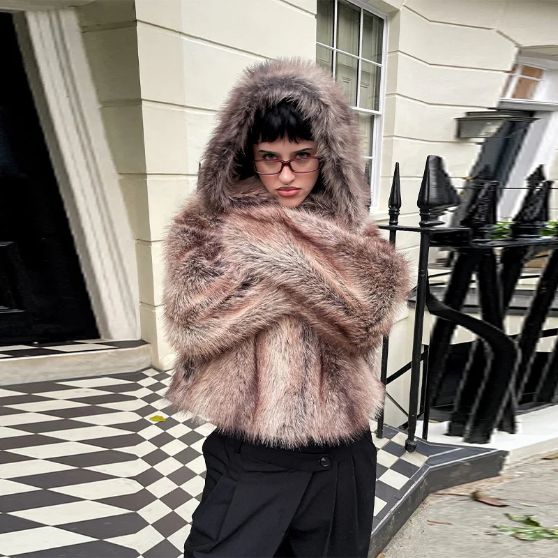 2025 شيك رشاقته رقيق معطف قصير للنساء عادية فو الفراء فضفاض مقنعين طويلة الأكمام البني سترة الشتاء الفاخرة معطف دافئ #5