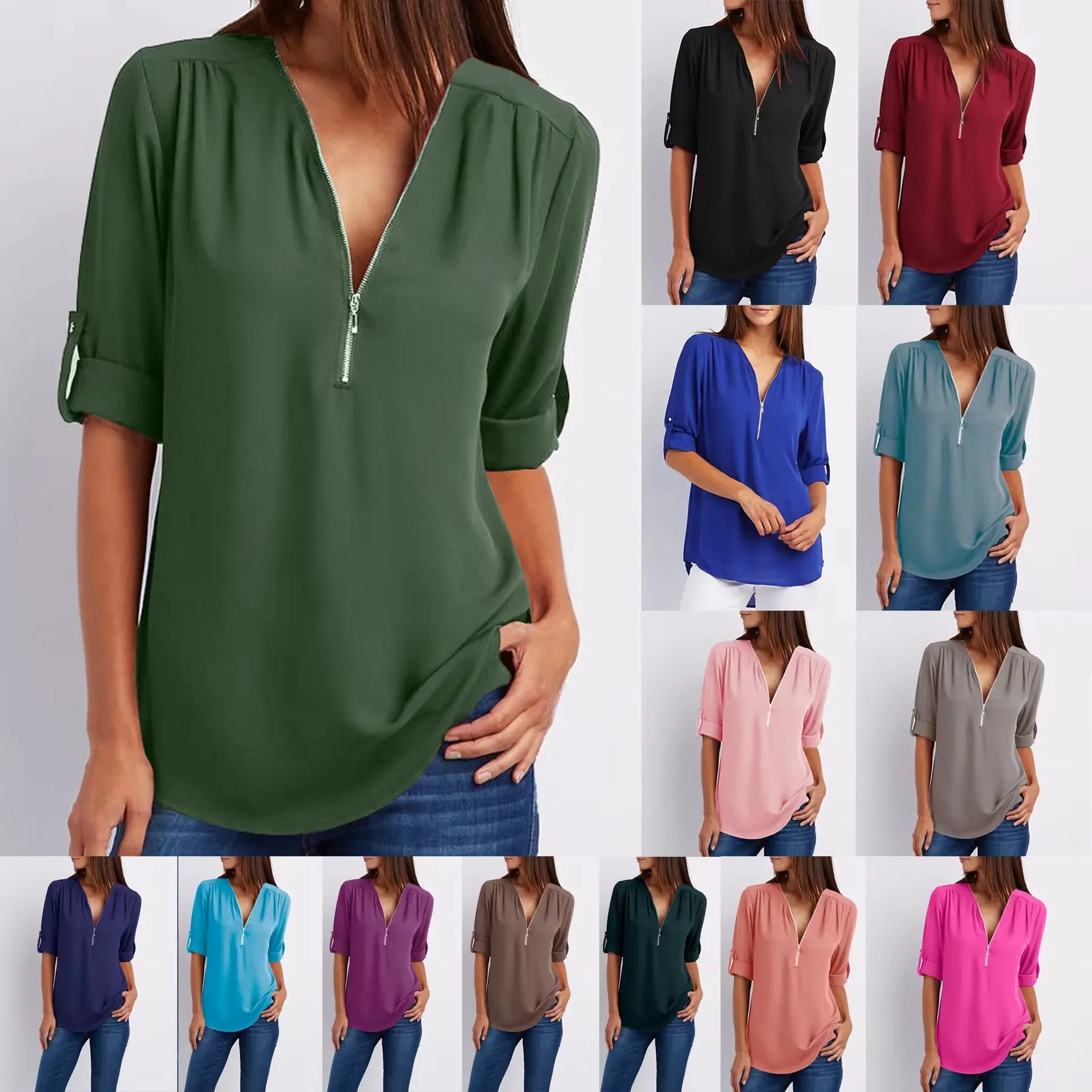 2024 Hot Sale Women Cool Loose Shirt Deep V Neck Chiffon Fashion Blouse Casual Ladies Tops Sexy Zipper Pullover Plus Size