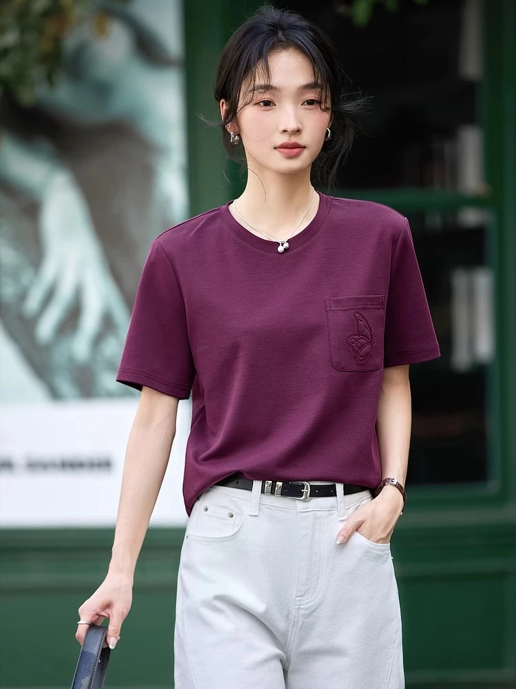 

VIMLY Purple T-shirt Women's Summer Casual 2025 Butterfly Embroidered Pocket Crew Neck Knitted Woman Short Sleeve Tops A1731