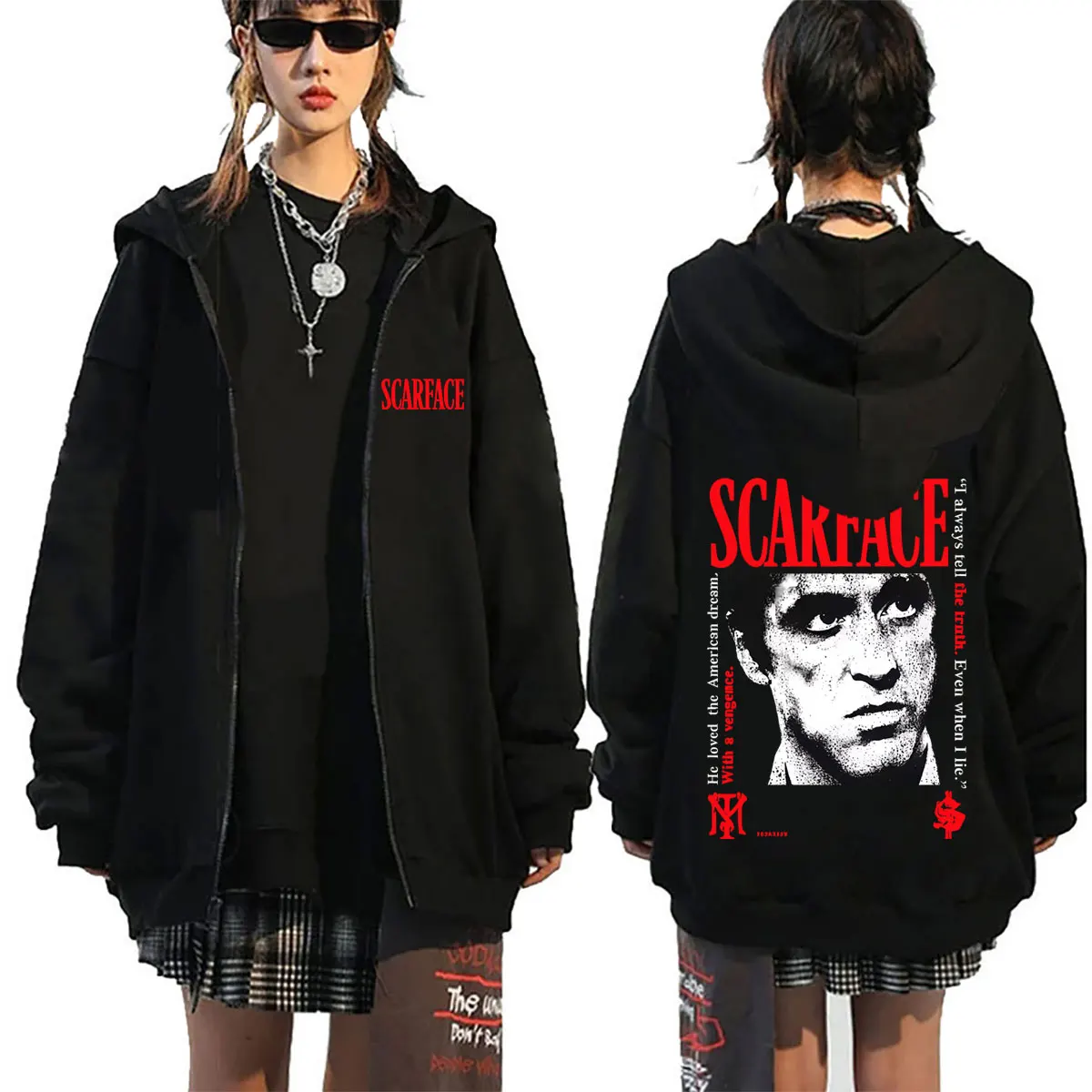 

90s Classic Gangsters Movie Scarface Zipper Hoodie Tony Montana Al Pacino Zip Up Jacket Men's Rock Oversized Zip Up Sweatshirt