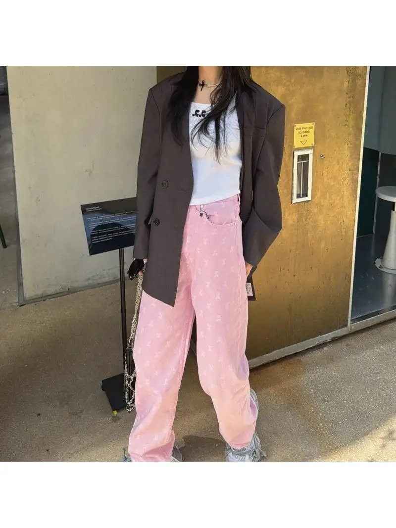 

Slimming Effect Pink Denim Pants High Waist Straight Leg Loose Fit Korean Style Women's Jeans Cotton Material Spring 2026