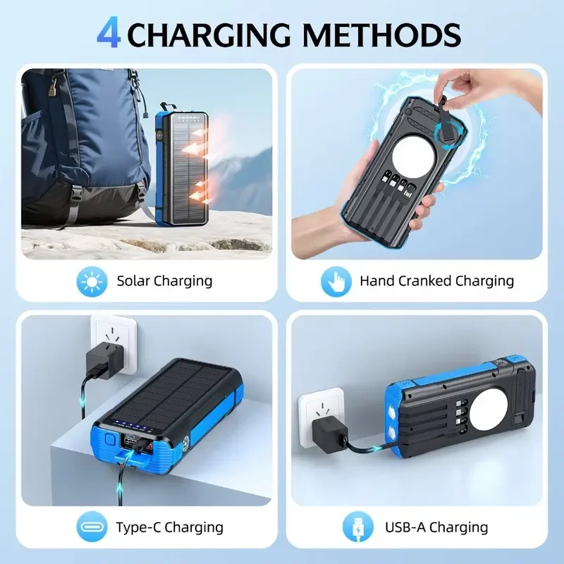 New 40000mAh Portable Solar Hand Crank Power Bank with Built-in Compass Four Cables LED Light Outdoor Charger for iPhone