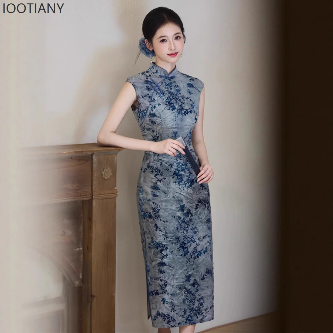 

Окрашенный в галстук длинный без рукавов в национальном стиле, новый китайский Cheongsam, литературный ретро, тонкий Cheongsam с низким разрезом, сценический костюм