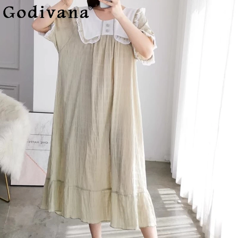 

Summer Short Sleeve Cute Bow Peter Pan Collar Washed Cotton Yarn Princess Nightdress 2025 Girl New Long Loose Leisure Loungewear