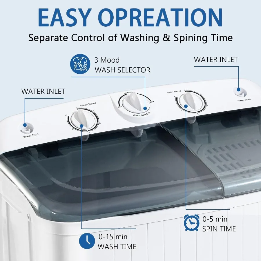 Mini machine à laver portative à double baignoire de 22 lb avec étendoir et 10 cintres, lave-linge de 13 lb, petite lave-linge Spinner de 9 lb avec