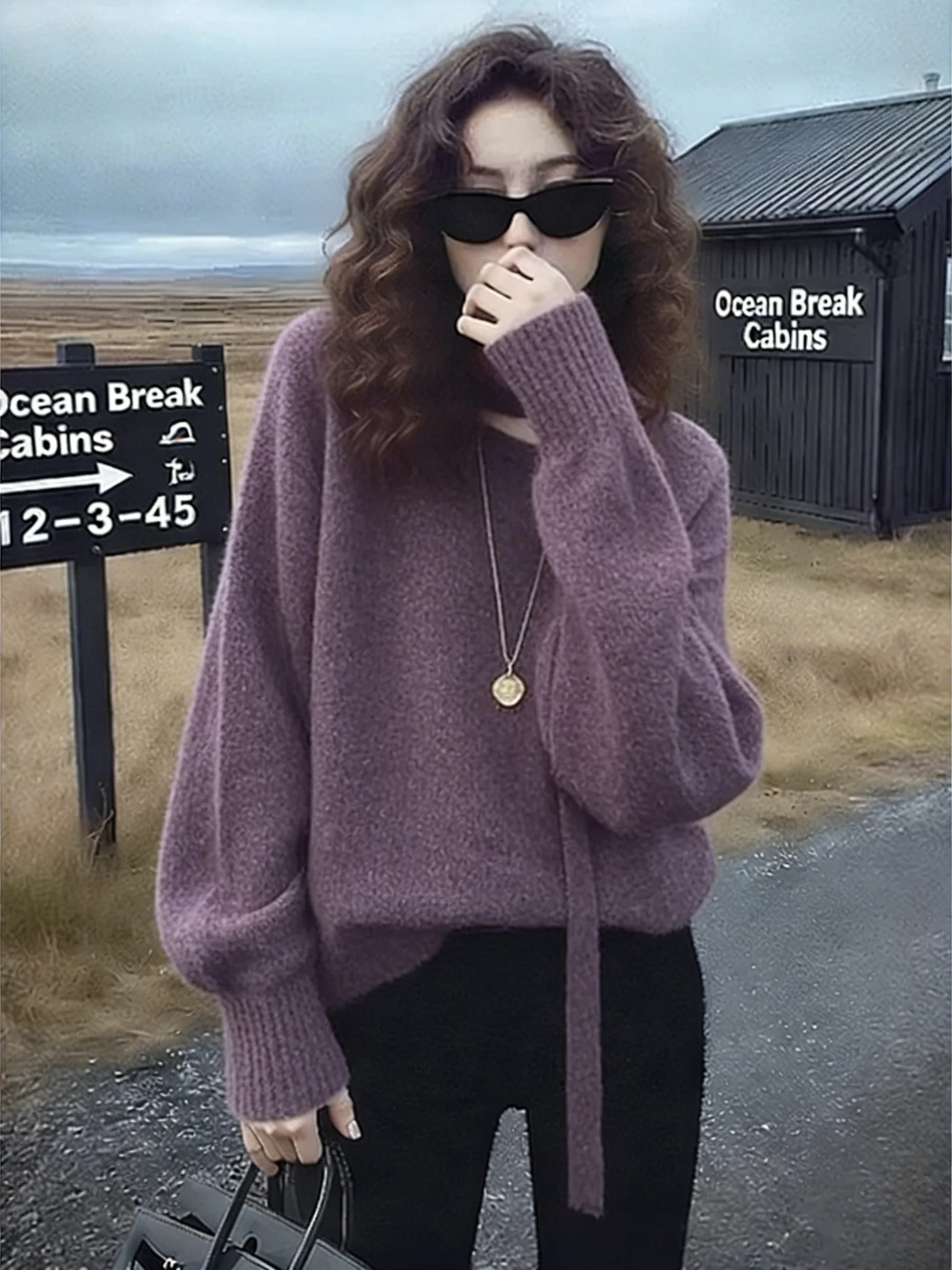 

Женский вязаный свитер свободного кроя с ажурным узором, фиолетовый, в стиле кэжуал, удобный, зимний, модный