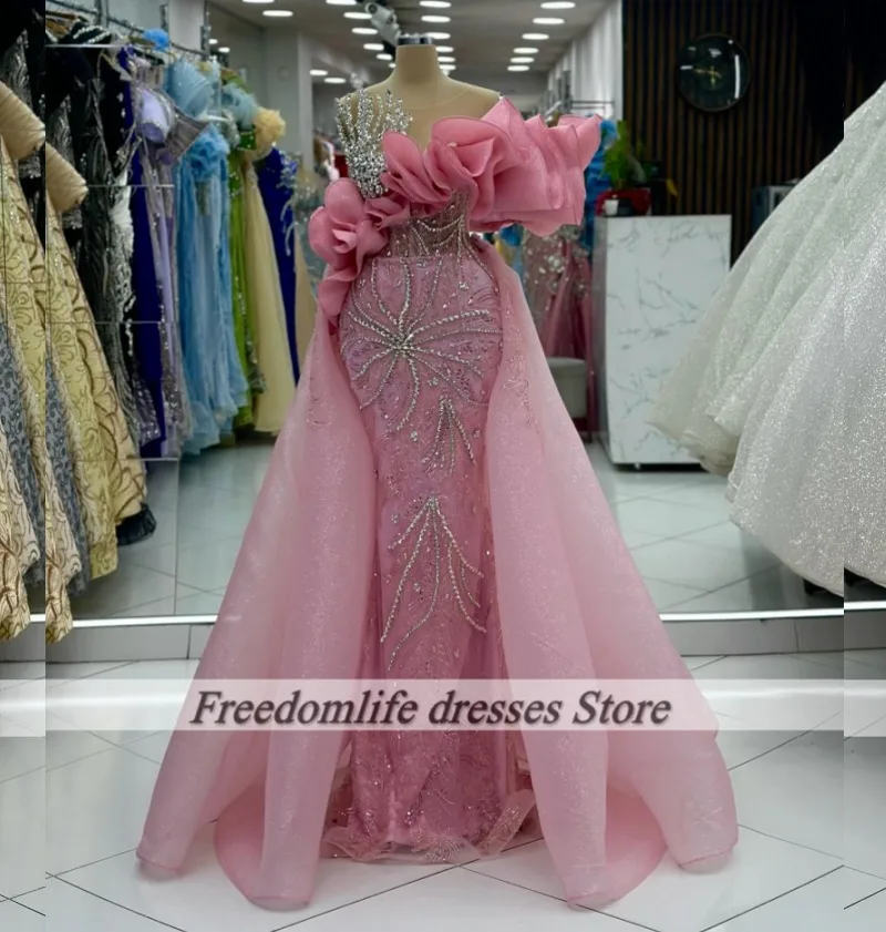 

Light Pink Sequin Evening Dresses With Detachable Train African Girls Beading Crystal Long Mermaid Prom Dress Luxury Customized