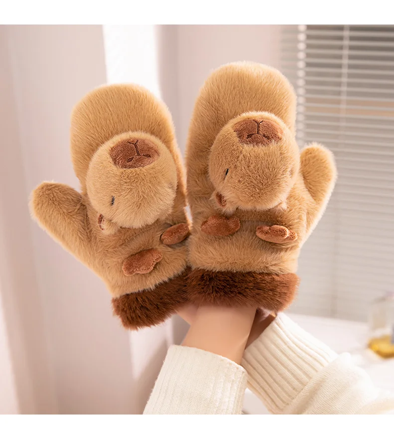 Women Girls Capybara Penguin Plush Gloves Cute Soft Winter Keep Warm Cold Protection Outdoor Windproof Cycling Mittens