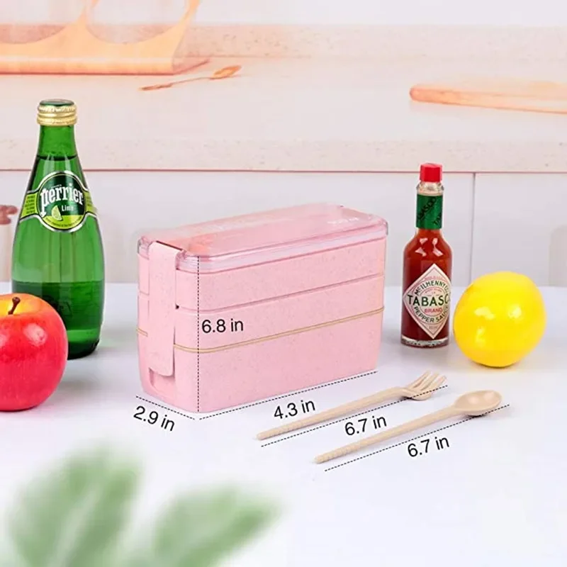 صندوق بينتو للطلاب مع أدوات المائدة والمكتب وصندوق الغداء 3 طبقات ذات سعة كبيرة يمكن استخدامه لأفران الميكروويف وختم جيد