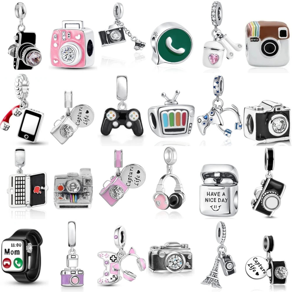 New 925 Sterling Silver Camera phone headset TV computer Charm Pendant Fine Bead Fit Original Pandora Bracelet DIY Women Jewelry