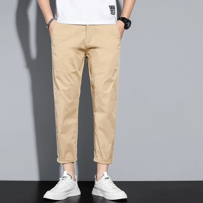 

Summer Ice Shreds Casual Men Straight Cylinder Loose Pure Cotton Thin Style Elastic Force Khaki Color Comfortable Long Pants