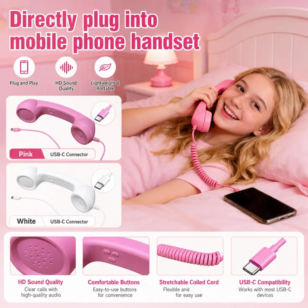 Retro-Telefonhörer Typ C Handy-Empfänger Plug-and-Play-Mikrofon-Headset für iPhone Samsung Xiaomi Smartphone – Detail 12