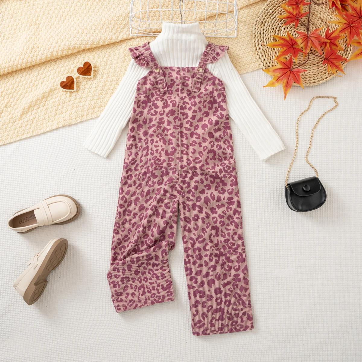 Girls 1 Piece Overall Leopard Print Corduroy Jumpsuit Wide Leg Suspender Pants Girl Ruffle Strap Romper Autumn Kids Clothing