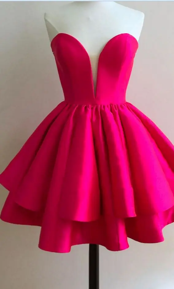 Fuchsia Wedding Party Dress Short Mini Satin Tiered Prom Dresses Strapless Sweetheart Ball Gown Formal Evening Gowns Simple