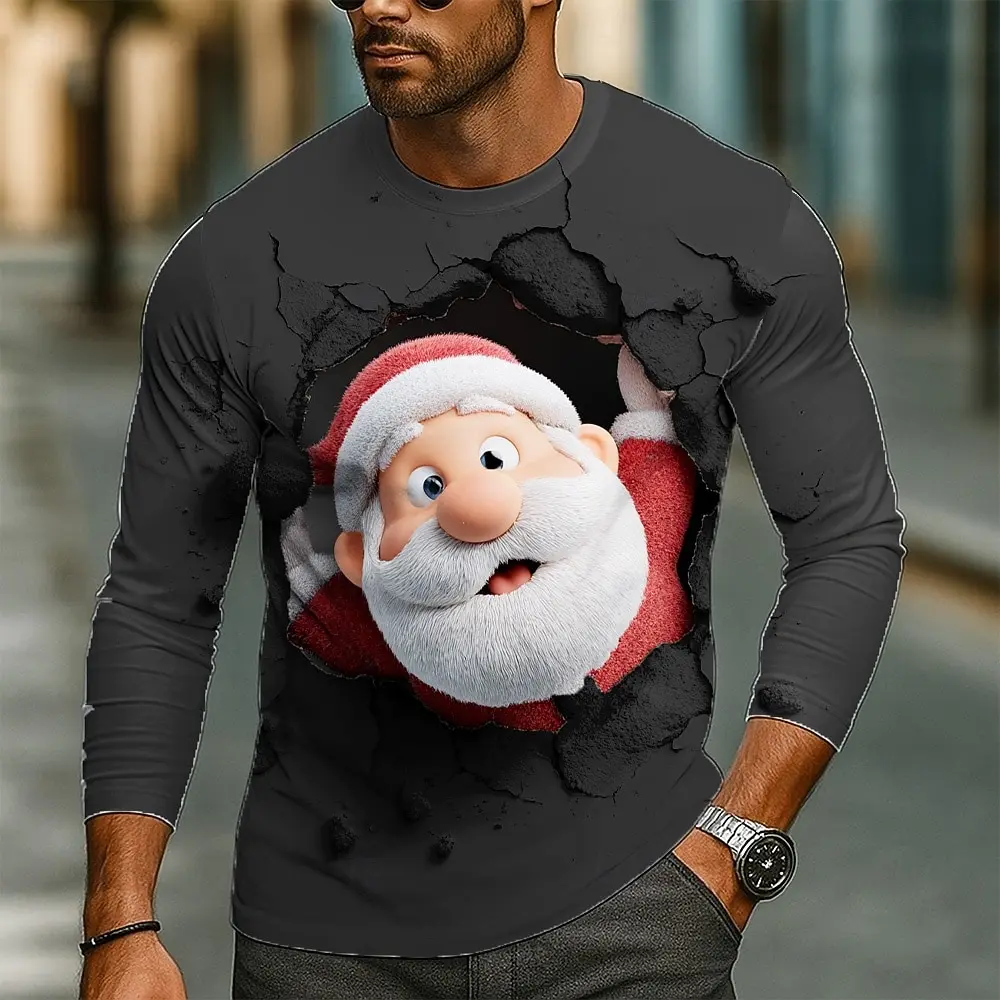 

2026 Christmas Men's Printed funny Santa Claus Long Sleeve T-Shirt,O-Neck Tees Trendy Street Style Autumn Winter Casual Tops