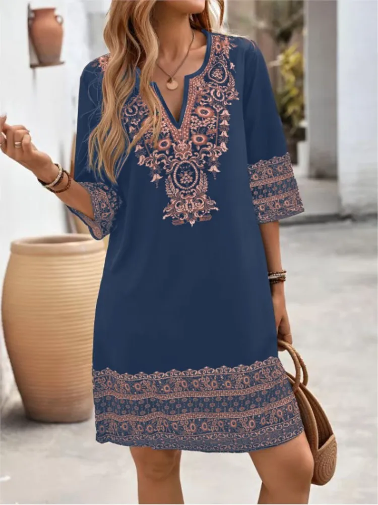 Abito casual con stampa per le vacanze per le donne Moda tre quarti con scollo a V Abiti pullover Lady Boho Vintage Abbigliamento donna Estate Nuovo