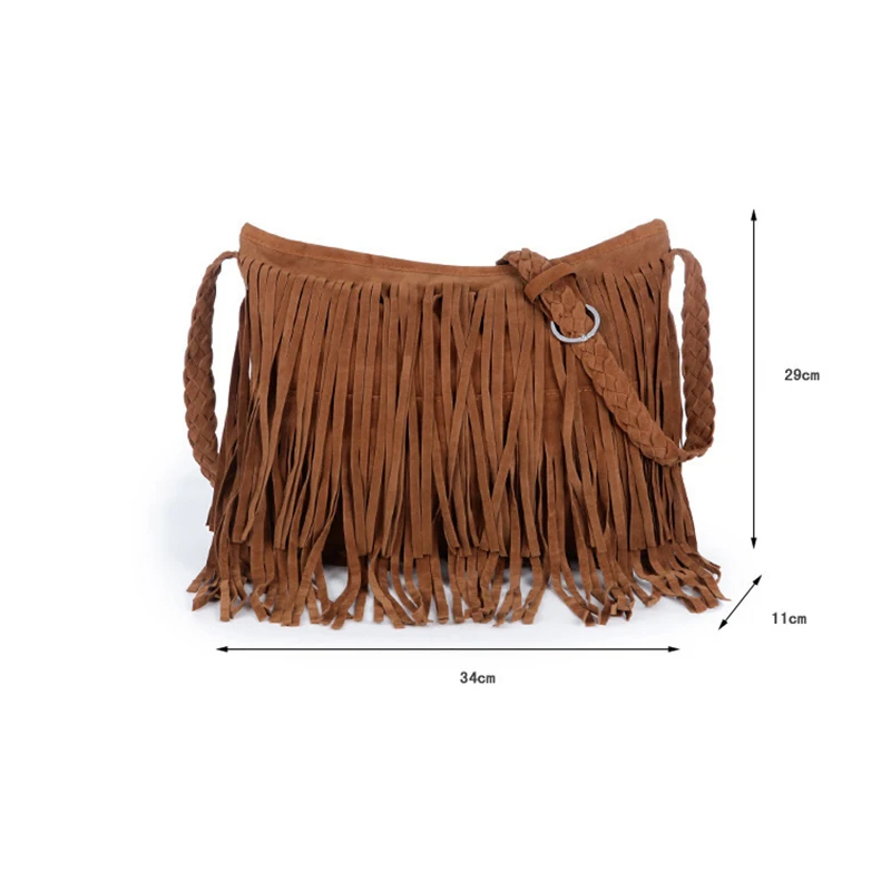 Women\'s Fringed Leather Shoulder Bag With Adjustable Knitting Strap Soft Ethnic Style PU Messenger Bag Solid Color 2023 New