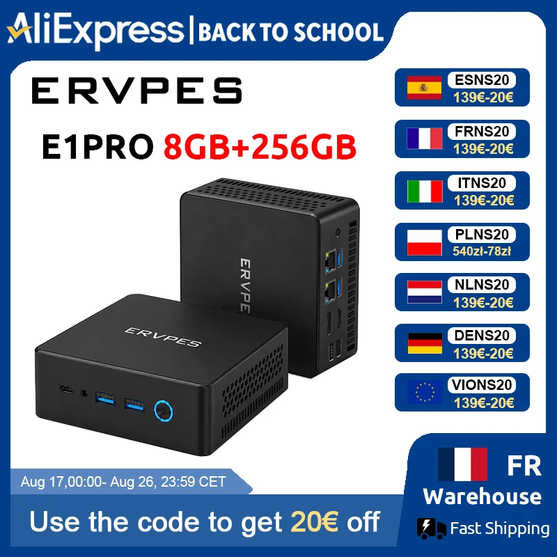 ERVPES E1PRO Mini-PC 8GB LPDDR4 256GB SSD Intel N4505 Windows 11 Pro Dual-Band WLAN BT5.0 Büro-Desktop Mini-Computer