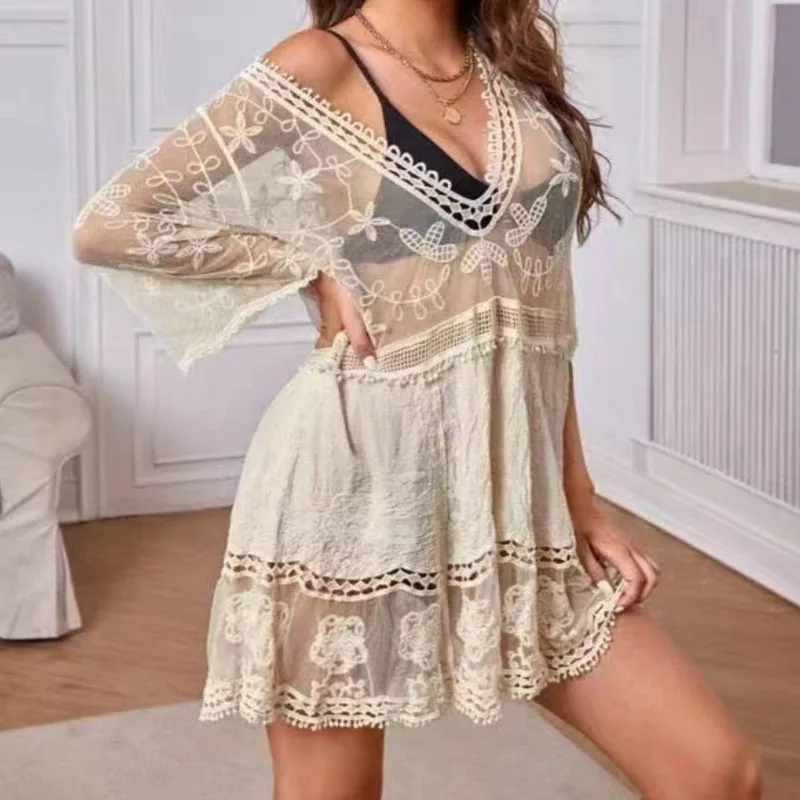 Abiti sexy trasparenti in pizzo Donna Estate Vacanza al mare Spiaggia Prendisole trasparenti a prova di sole con scollo a V Bikini in rete Abiti grembiule da bagno