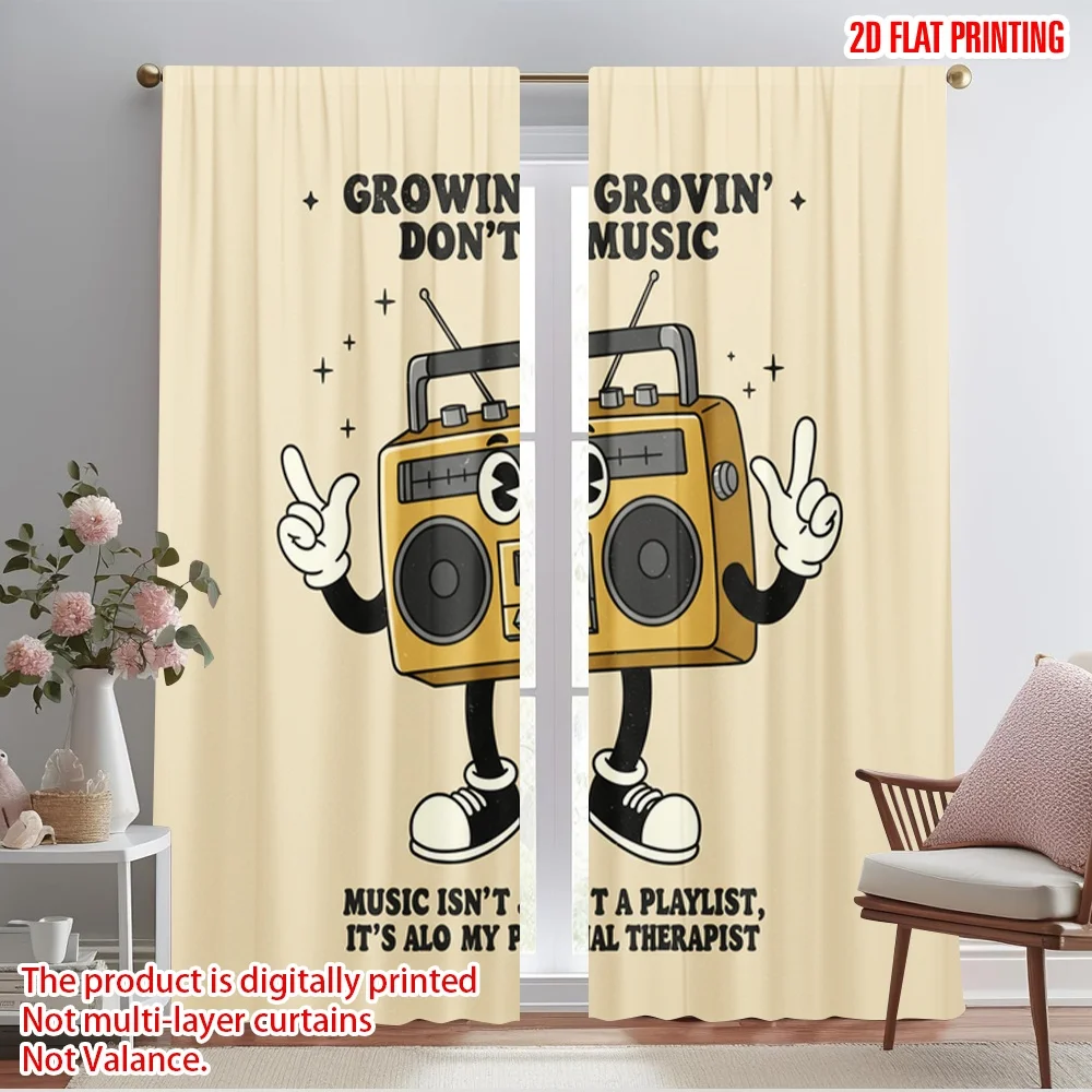 

2pcs 2D flat printing Window Curtains Retro Boombox Groovin Music Polyester Without Electricity Party Decorations for Photo