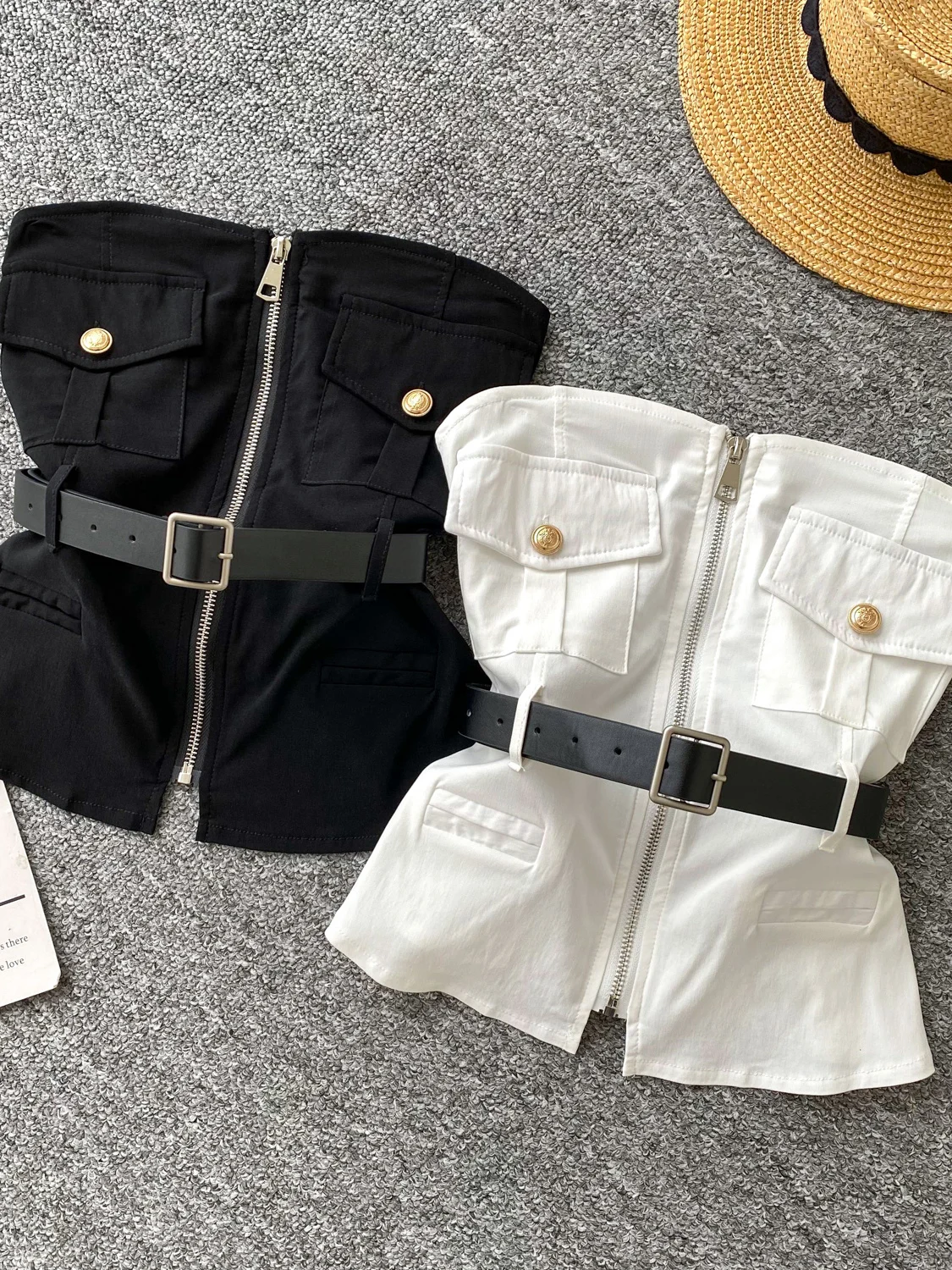 

2026 New Fashion Sexy Sleeveless Off Shoulder Camisole Double Poket With Belt High Waist Slim Short Zipper Strapless Vest Tops