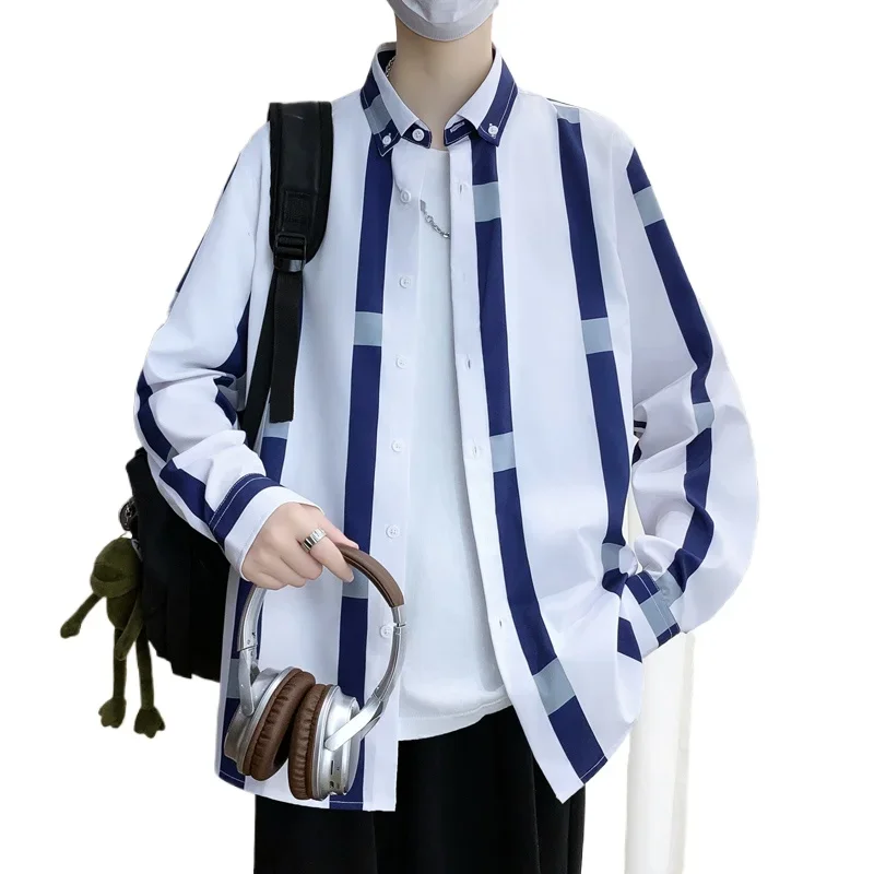 Men's Trendy Long Sleeve Shirt - Spring Summer Color-Block Light Business Casual Stripe Shirt, Minimalist Style Utility Wear