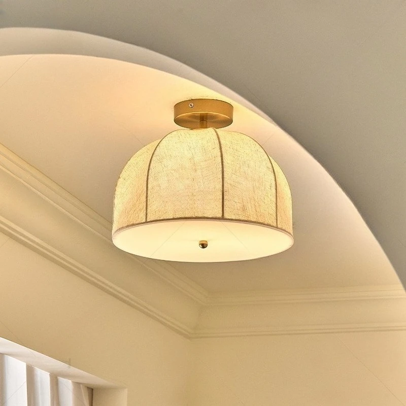 American Iron Base Ceiling Light Rotundity Linen Fabric Lampshade Living Room Bedroom Restaurant Kitchen Atmosphere Hanging Lamp