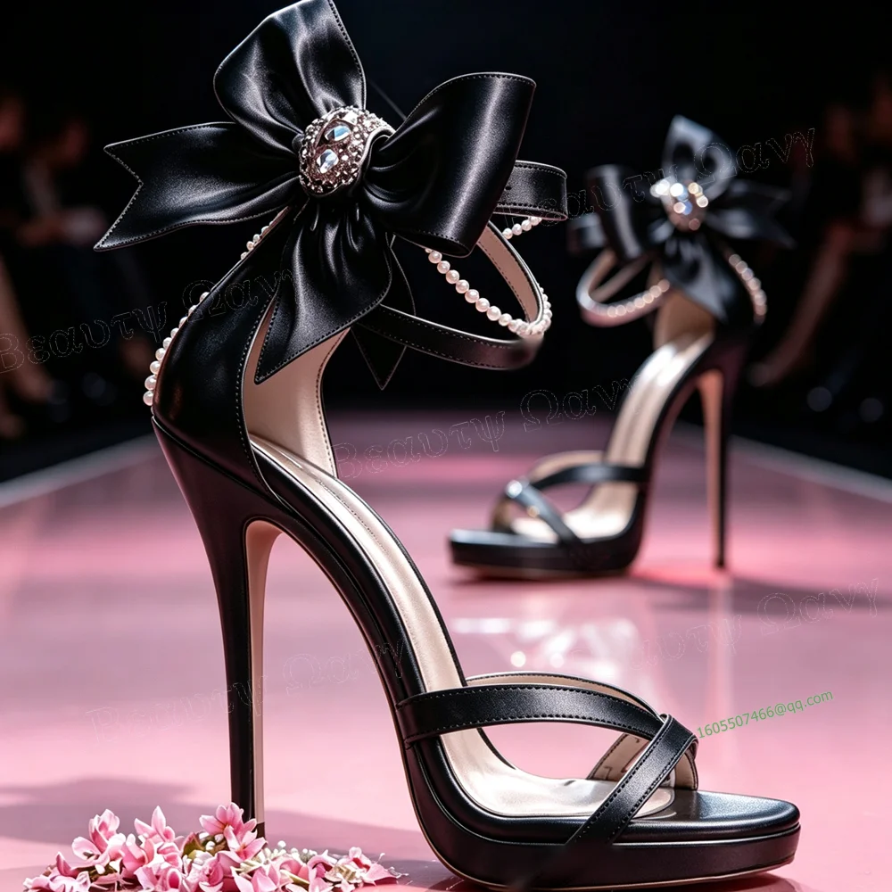 Black Bow Knot Decor Sandals Cross Band Open Toe Round Toe Thin Heels Shoes High Heel Shoes for Women New Zapatos Para Mujere