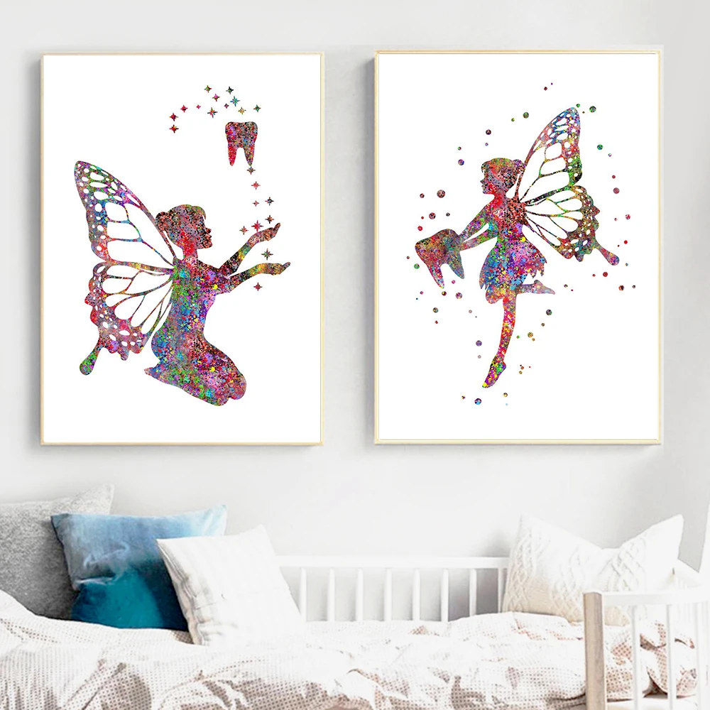 Dental Art Tooth Fairy Canvas Painting Watercolor Wall Art Poster Dental Hygienist Canvas Print Teeth Wall Pictures Clinic Decor