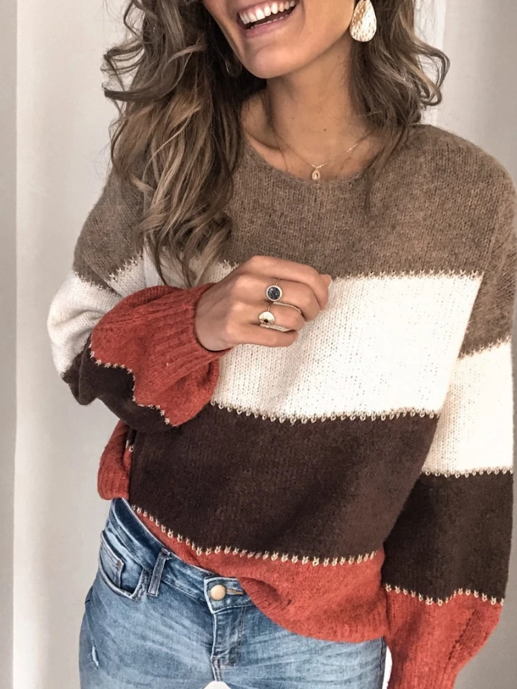 

Повседневный полосатый вязаный свитер с длинными рукавами, женский новый топ с круглым вырезом, удобный дышащий модный трикотаж