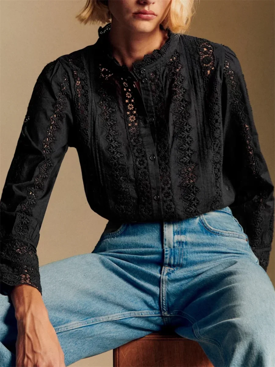 

Elegant Women's Cotton Blouse with Lace Spliced Hollow Out Embroidery, Long Sleeve White or Black Shirt for Lady