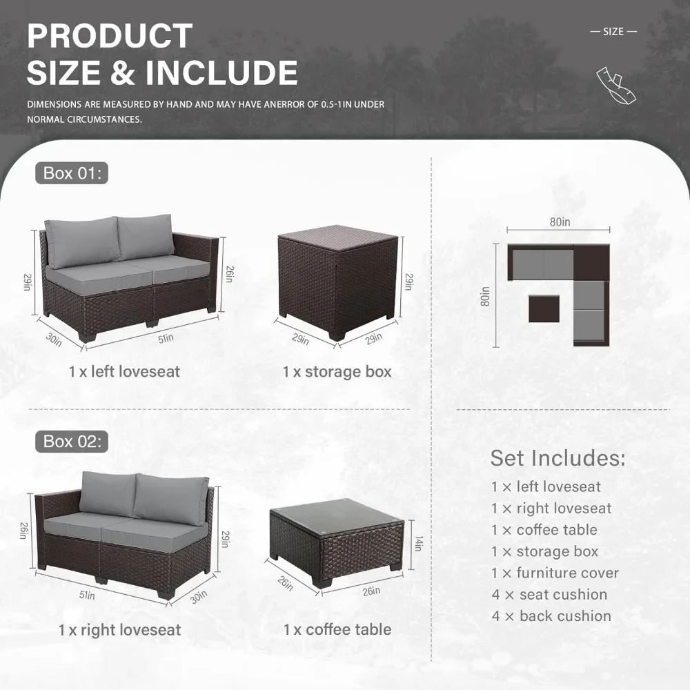 Ensemble de meubles en rotin avec coussins coordonnants, canapé sectionnel extérieur, chaise de conversation, boîte de rangement, table basse, 4 pièces