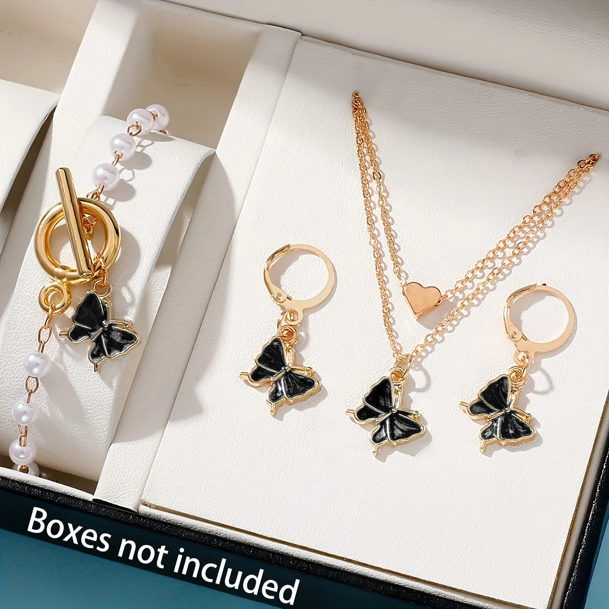 4Pcs Blue Butterfly Jewelry Set for Women, Double‑Layer Necklace Pearl Necklace Bracelet  Earrings, Daily Wear Gift for Women