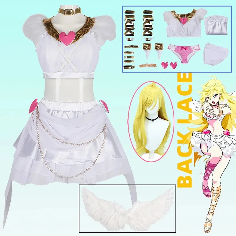 

Angell Anarchy Cosplay Costume Panty Stocking Garterbelt Battle Dress with Wig Full Set Halloween Party Outfit ,[6jh