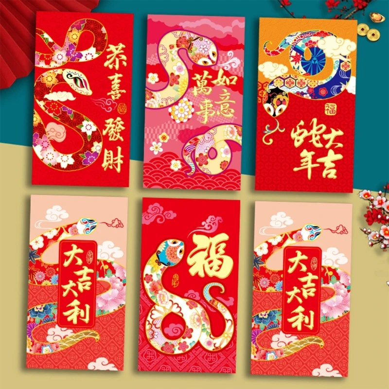 6 Count 2025 Snake Zodiacs Redness Envelopes for Chinese New Year Celebration Practical Spring Festival Money Packets 203C