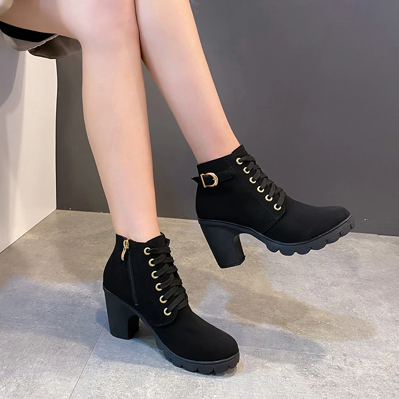 

Autumn and Winter New Women's High Heels 2026 Classic Casual Short Boots Luxury Brand Round Toe Cross Straps and Nude Boots