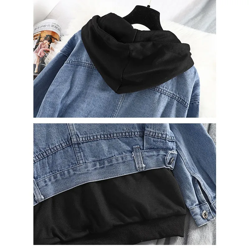 Black Fake Two-Piece Denim Jacket Female 2025 Spring And Autumn New Women\'s Coat Loose Hooded Jacket Temperament Top